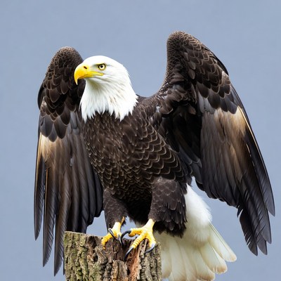 Bald eagle perched with wings spread