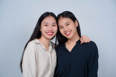 Two smiling Asian women embracing