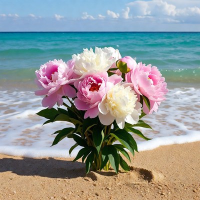 Pink Peonies Bouquet on Beach