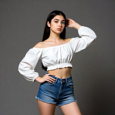 Young woman posing in white off-shoulder top