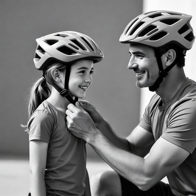 Father adjusting daughter's bike helmet