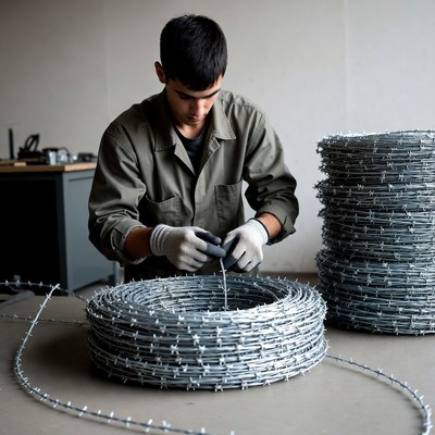 Man working with barbed wire rolls