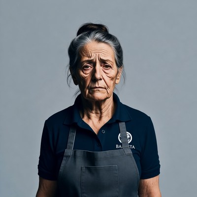 Elderly woman in navy uniform apron