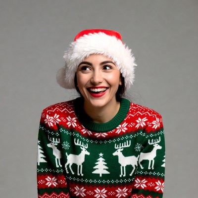 Woman smiling in Santa hat and reindeer sweater