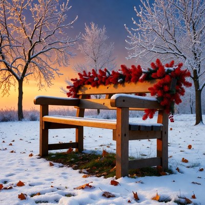 Snowy Wooden Bench with Red Garland