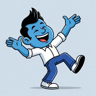 Cartoon blue man dancing happily
