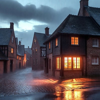 Rainy European Village Street at Night