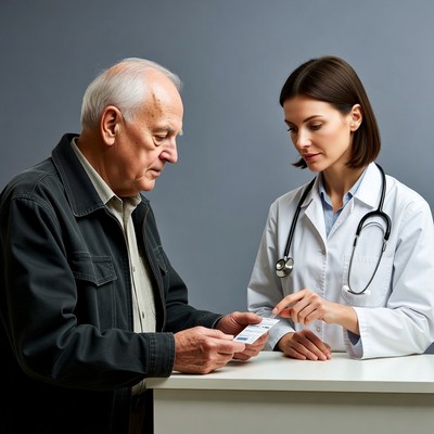 Doctor showing prescription to elderly man