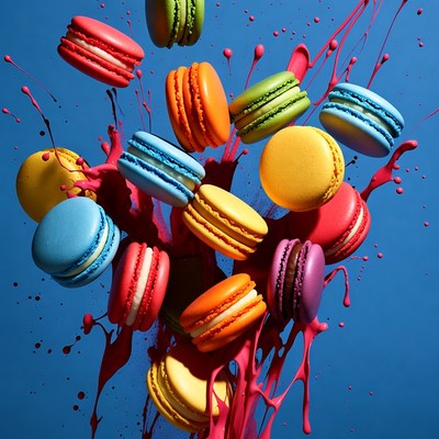 Colorful Macarons Splashing in Air