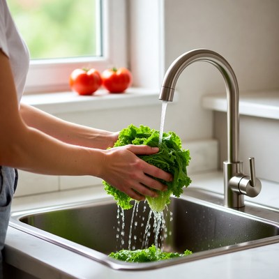 Woman washing lettuce under faucet