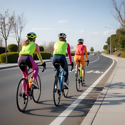 Three women cycling on road