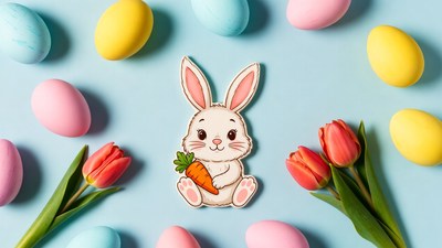 Cute bunny holding carrot with Easter eggs