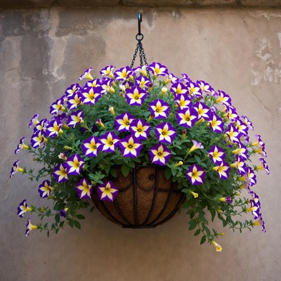 Purple Yellow Petunias in Hanging Basket