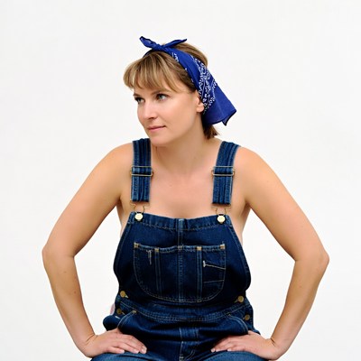 Woman in blue bandana and denim overalls