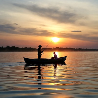 Two men fishing from boat at sunset