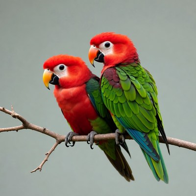 Two Red Parrots on Branch