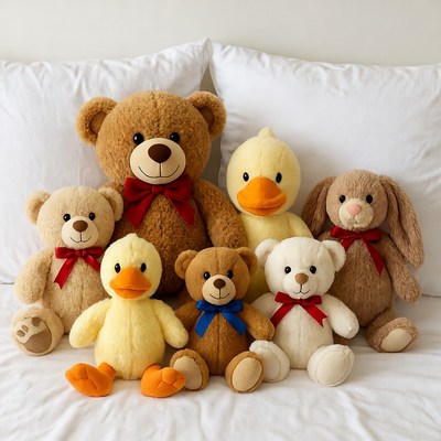 Group of plush teddy bears ducks bunny