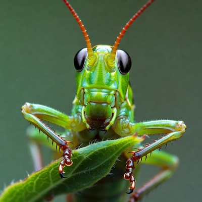 Close-up green grasshopper on leaf