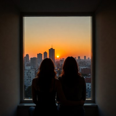 Two women silhouetted at sunset city window