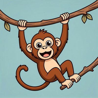 Cartoon monkey swinging on branch