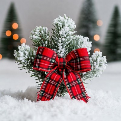 Red Plaid Bow on Snowy Christmas Branches