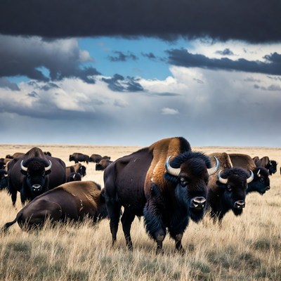 Herd of Bison on Grassy Plains