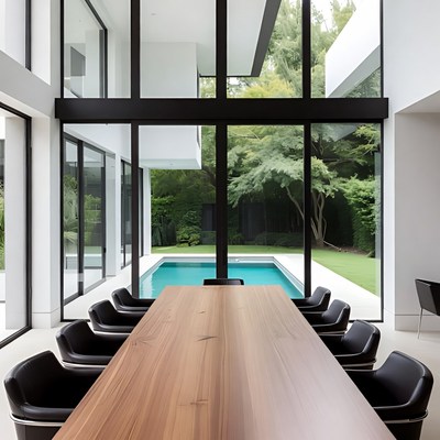 Modern dining room with pool view