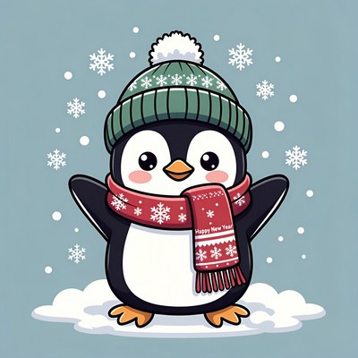Cute penguin in scarf hat snow
