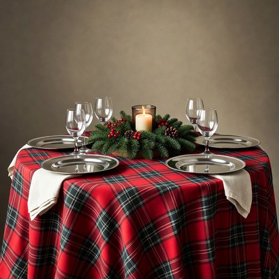 Christmas Table with Plaid Cloth and Candle