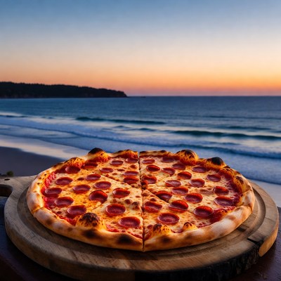 Pepperoni Pizza on Beach at Sunset
