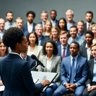 African-American woman speaking at podium