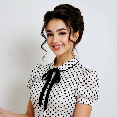 Woman in polka dot dress with updo