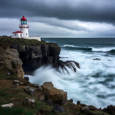 Red Lighthouse on Cliff During Stormy Waves