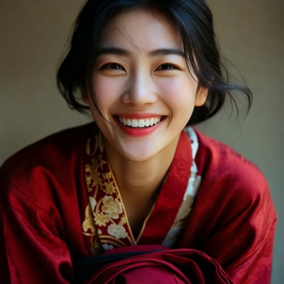 Asian woman smiling in red kimono
