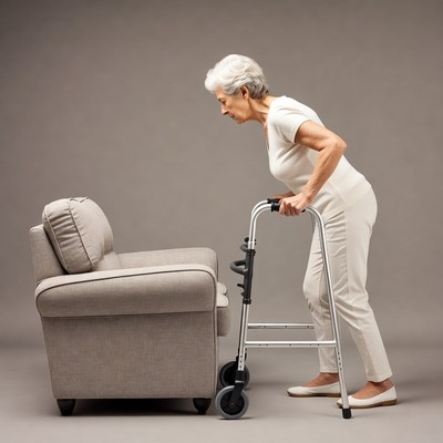 Elderly woman using walker near sofa