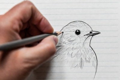 Hand drawing bird sketch on notebook