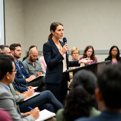 Woman speaking at podium with audience