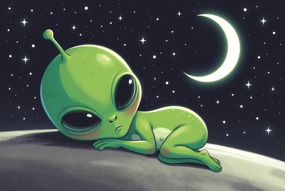 Cute baby alien sleeping on moon