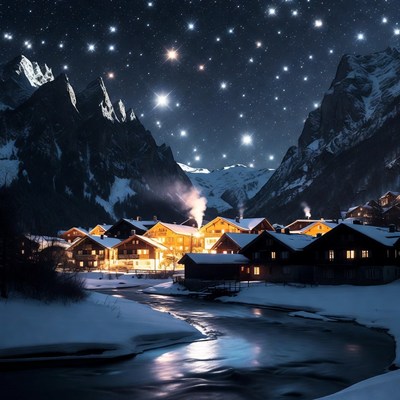 Snowy Mountain Village Under Starry Night Sky