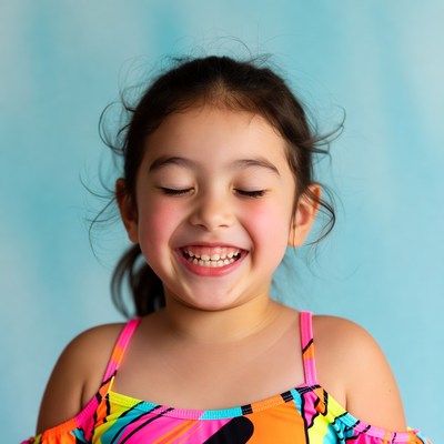 Smiling Asian girl in colorful swimsuit