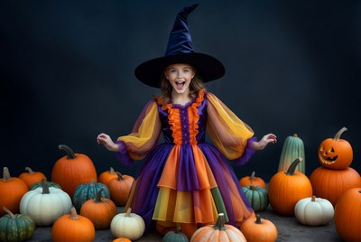 Girl in colorful witch costume with pumpkins