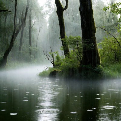 Misty Rainy Forest Lake