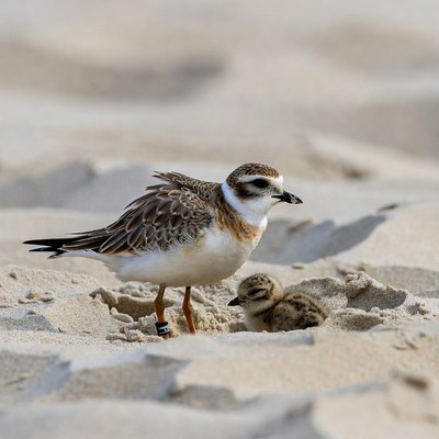 Piping Plover with Chicks on Beach