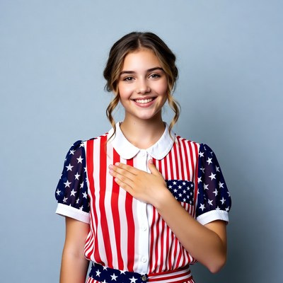 Girl in American flag dress hand on heart