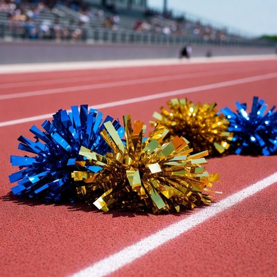 Blue and Gold Pom Poms on Track