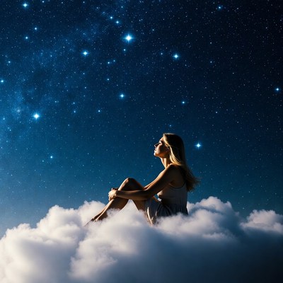 Blonde woman sitting on clouds gazing at stars
