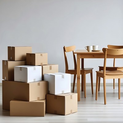 Cardboard boxes near wooden dining table