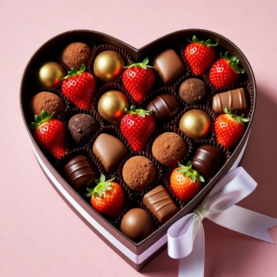 Heart-shaped box of chocolates and strawberries