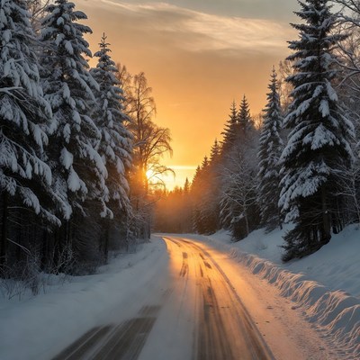 Snowy Forest Road at Sunset