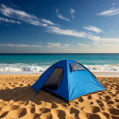 Blue tent on beach by ocean